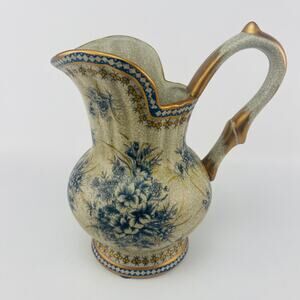 Vintage Botanical Design Tan and Blue Gold Trim  36 oz Pitcher Vase 9” x 5”